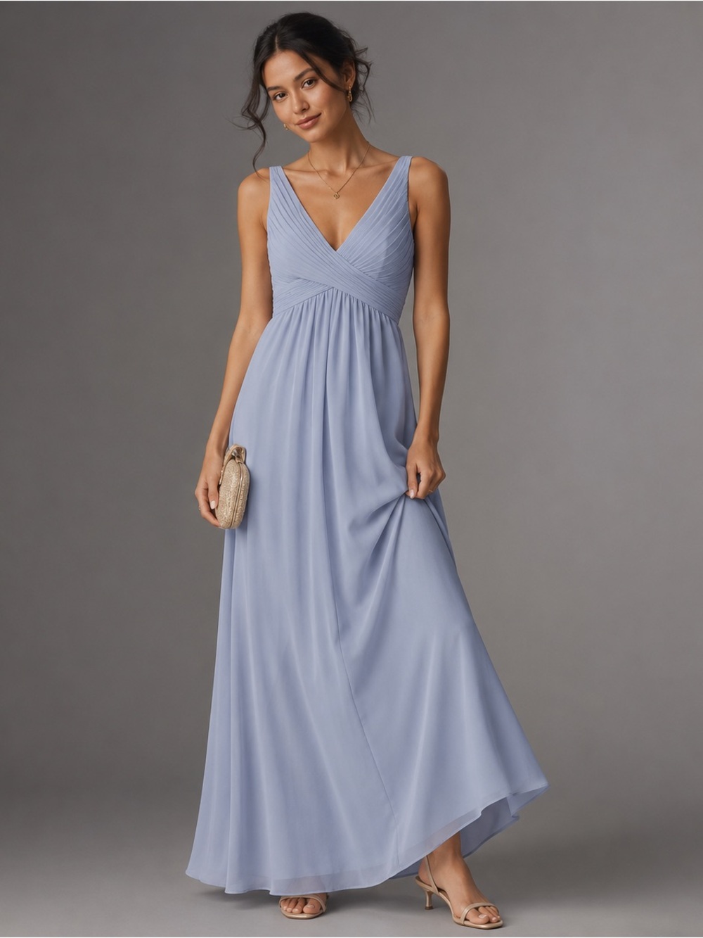 Birdy Grey Light Blue V-Neck Maxi Dress Chiffon Bridesmaid M Wedding Guest